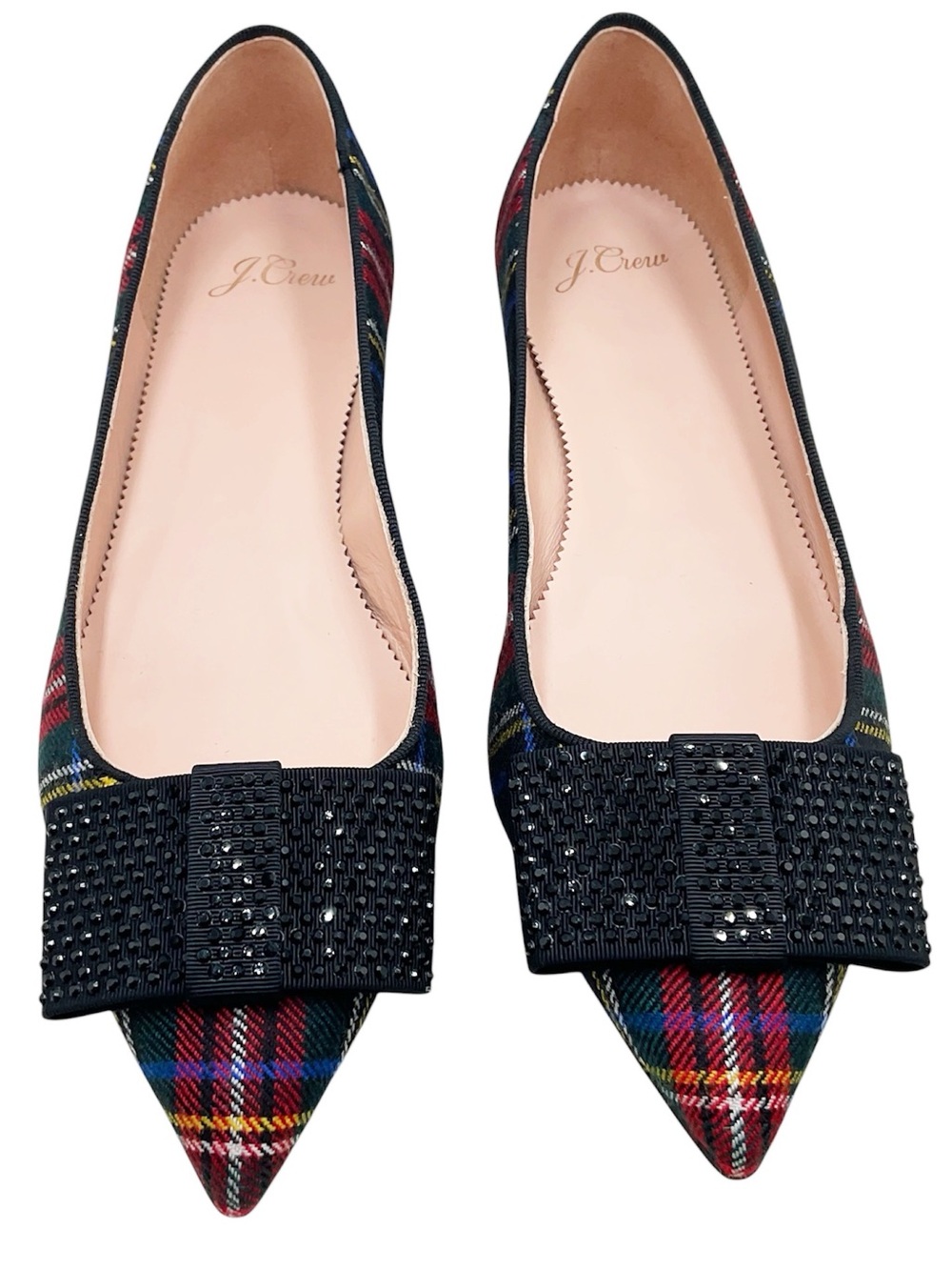 🆕{J. CREW} Tartan Plaid Pointy Toe Flats with Crystal Bow Accent